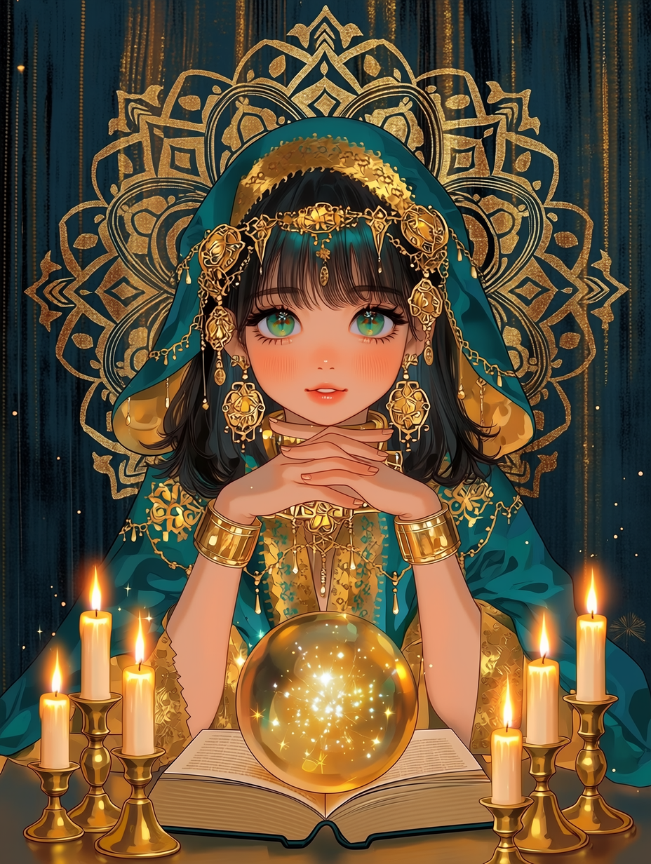 青緑のフードと金の装飾をまとい、水晶玉の前で微笑む翠あおいのイラスト